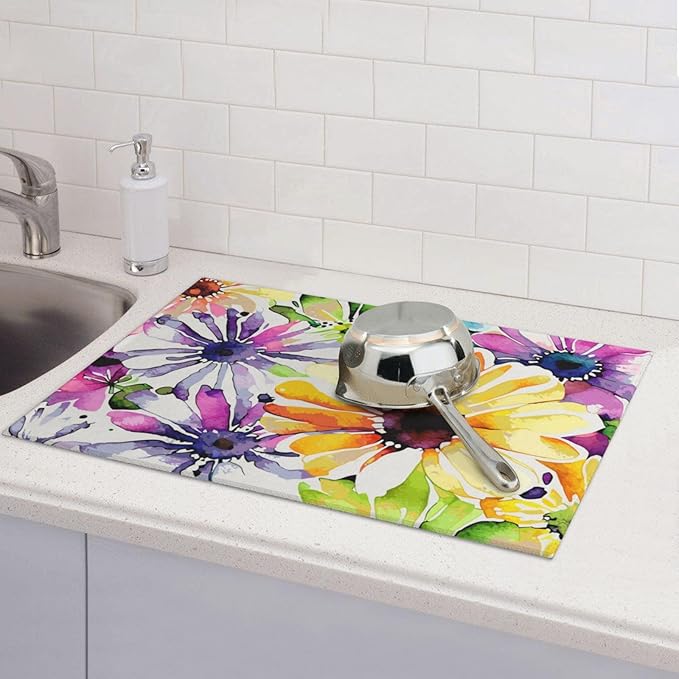 Absorbent Dish Drying Mat For Kitchen Counter, Colorful Flowers Microfiber Dish - Image 7