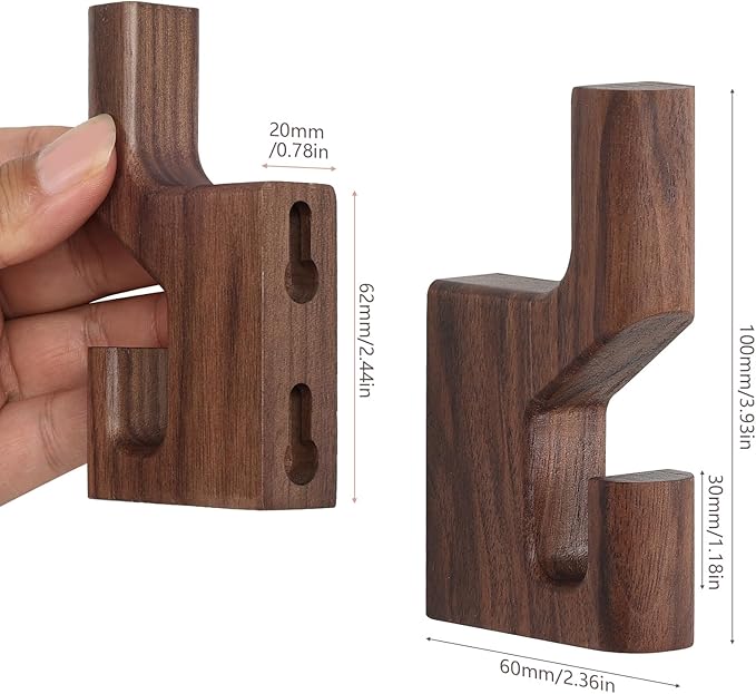 Walnut Wood Wall Peg Rack Hooks 2 Pack, Natural Wooden Coat Hooks Wall Mounted - Image 3