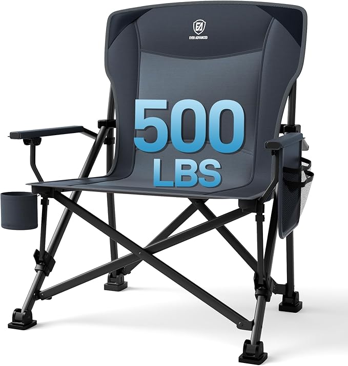 EVER ADVANCED Oversized Folding Camping Chair, for Adults Heavy Duty Lawn Chair with Side Pockets, Portable Collapsible Quad Chair for Outside, Support Up to 500lbs, Grey by EVERADVANCED