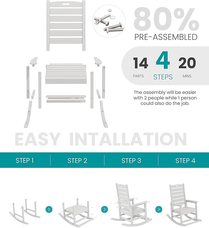 SERWALL HDPE Outdoor Rocking Chair, Oversized Rocking Chair with Footboard, High Back Porch Rocker Chair with 350lbs Support, White - Image 5