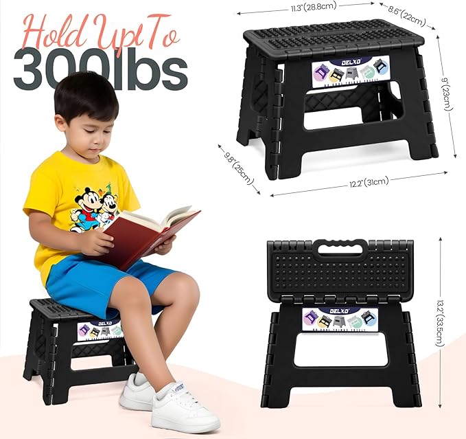 Delxo Folding Step Stool 9 Inch Non-Slip Foldable Stools for Kids & Adults Up to 300 LBS Kitchen Collapsible Fold Up Stepping Stool with Dotted 1 Pack Black - Image 2