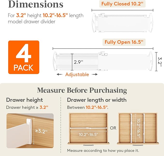 Lifewit 3.2" Tall 4 Pack Drawer Dividers, 26.5-42cm/10.2-16.5" Expandable - Image 2