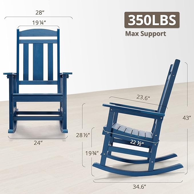 LUE BONA Rocking Chair Outdoor, Weather Resistant Poly Plastic Rocker Chairs, 350lb Heavy Duty, Oversized Porch for Adult, High Back Smooth Chairs Outdoor & Indoor, Blue - Image 2