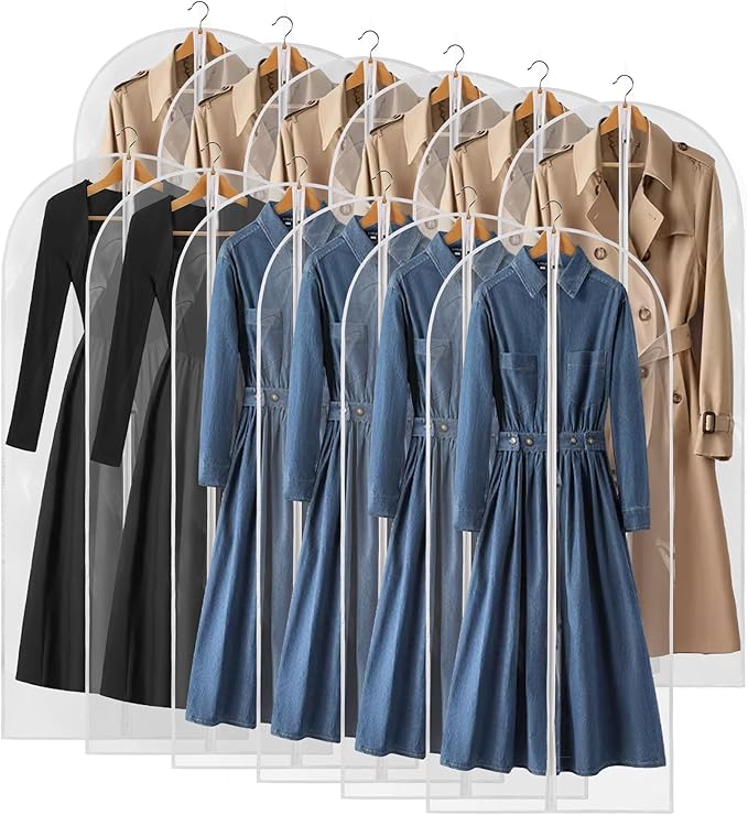 55" All Clear Garment Bags for Hanging Clothes, 12 Packs Dress Bags for Gowns by Perber