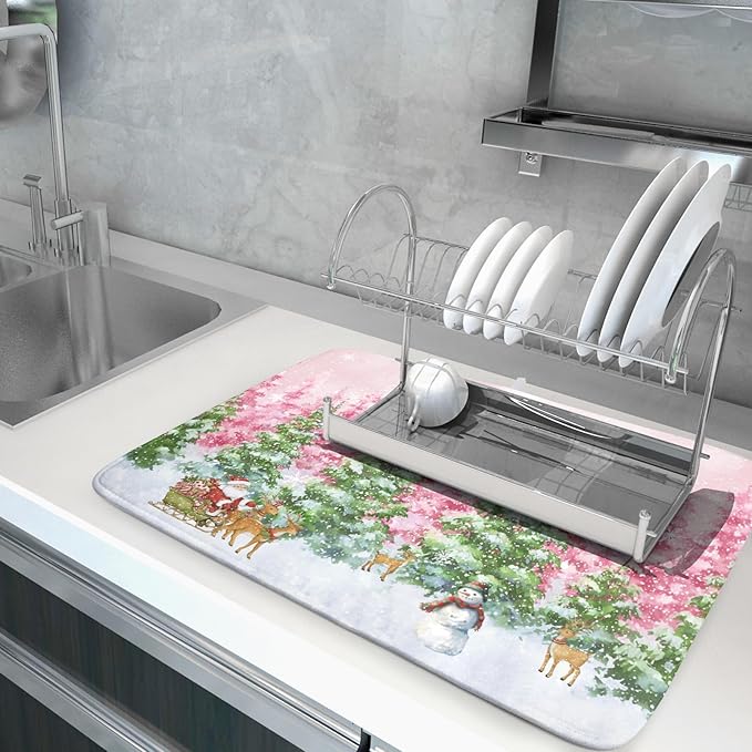 Winter Dish Drying Mats for Kitchen Counter Watercolor Forest Decoration Coffee - Image 5
