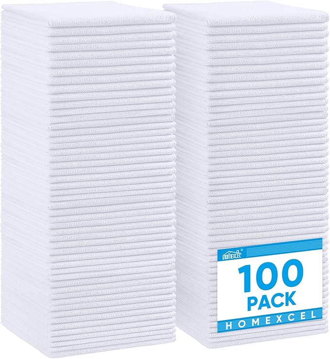 HOMEXCEL White Microfiber Cleaning Cloth 100 Pack, Microfiber Towel by HOMEXCEL