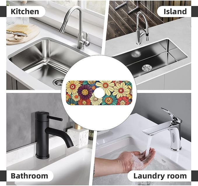 Kitchen Faucet Mat 15 x 5.5 Inch Abstract retro flower Faucet Draining Mat - Image 7