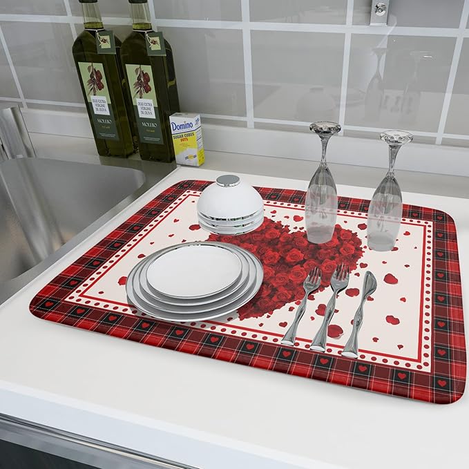 Giwawa Love Heart Dish Drying Mat 18x24 inch Valentines Day Red Rose Flowers - Image 6