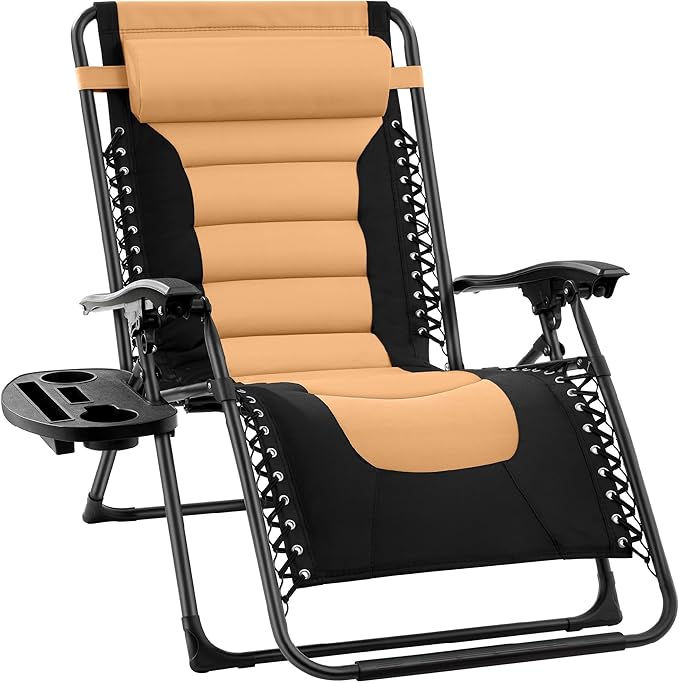 Best Choice Products Oversized Padded Zero Gravity Chair, Folding Outdoor Patio Recliner, XL Anti Gravity Lounger for Backyard w/Headrest, Cup Holder, Side Tray, Polyester Mesh - Tan by BestChoiceProducts