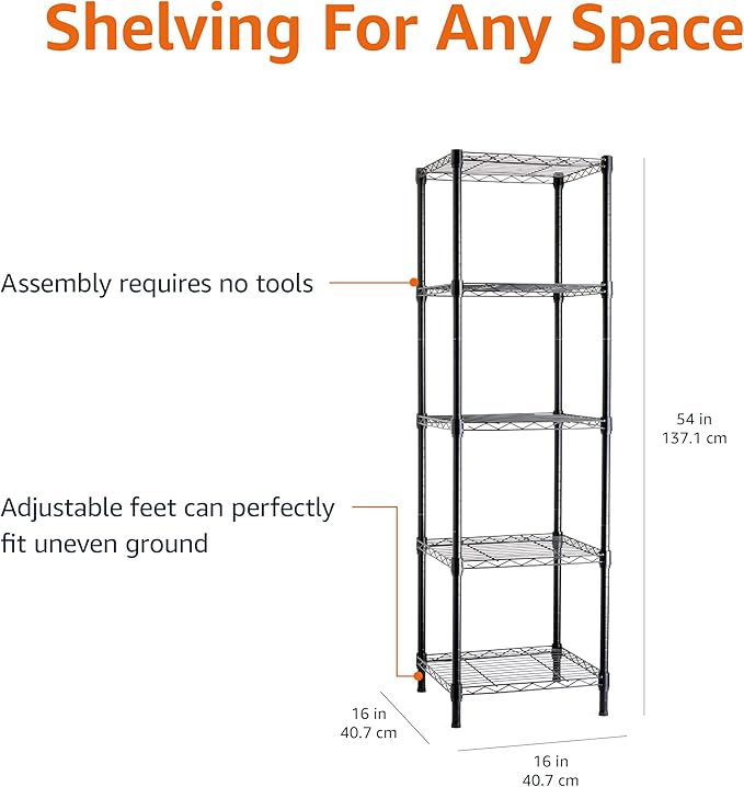 Amazon Basics 5-Shelf Tower Adjustable Storage Shelving Unit for Garage, Rust-Resistant Steel, 150 lbs Per Shelf, 16"W x 16"D x 54"H, Black - Image 3