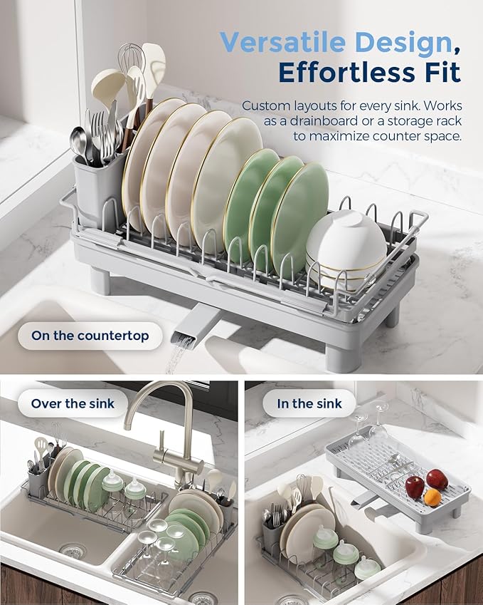 Nacial 2-in-1 Small Dish Drying Rack Fits 14''–21.8'' Sink, Dish Drainers - Image 4