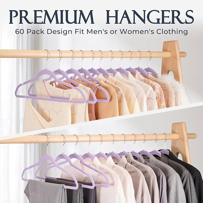 HOUSE DAY Lt-Purple Velvet Hangers 60 Pack, Non Slip Clothes Felt Hanger Heavy - Image 8