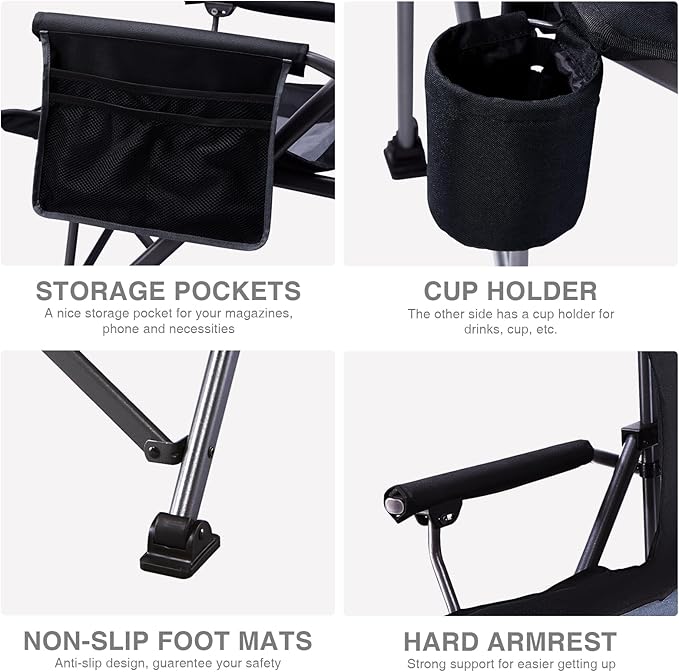 EVER ADVANCED Oversized Folding Camping Chair for Adults, Heavy Duty Lawn Chair with Side Pockets, Portable Collapsible Quad Chair for Outside, Support Up to 500lbs, Black - Image 7