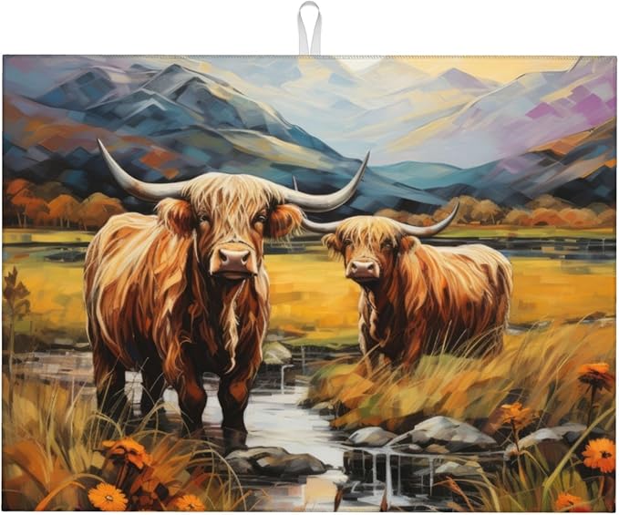 Highland Cow Dish Drying Mats for Kitchen Counter, Absorbent Reversible by Unknown