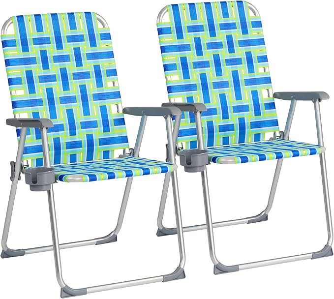 VINGLI Aluminum Patio Lawn Chairs Folding Set of 2 with Detachable Cup Holder, Webbed Beach Chair Folding Chair Outdoor Portable Camping Chair for Yard, Garden Blue alulawnchair by VINGLI