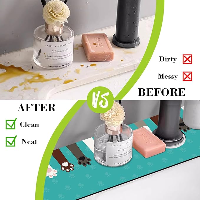 Sink Splash Guard Faucet Mat Cat Paws and Footprints Absorbent Fast Drying Mat - Image 6