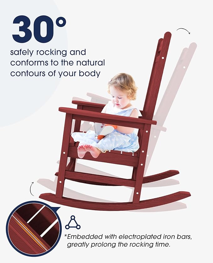 KINGYES Oversized Outdoor Rocking Chair Set of 4, All-Weather Patio Rocking Chairs for Porch, HDPE Outdoor Patio Rockers with High Back & Wide Seat for Garden, Lawn, Red - Image 4