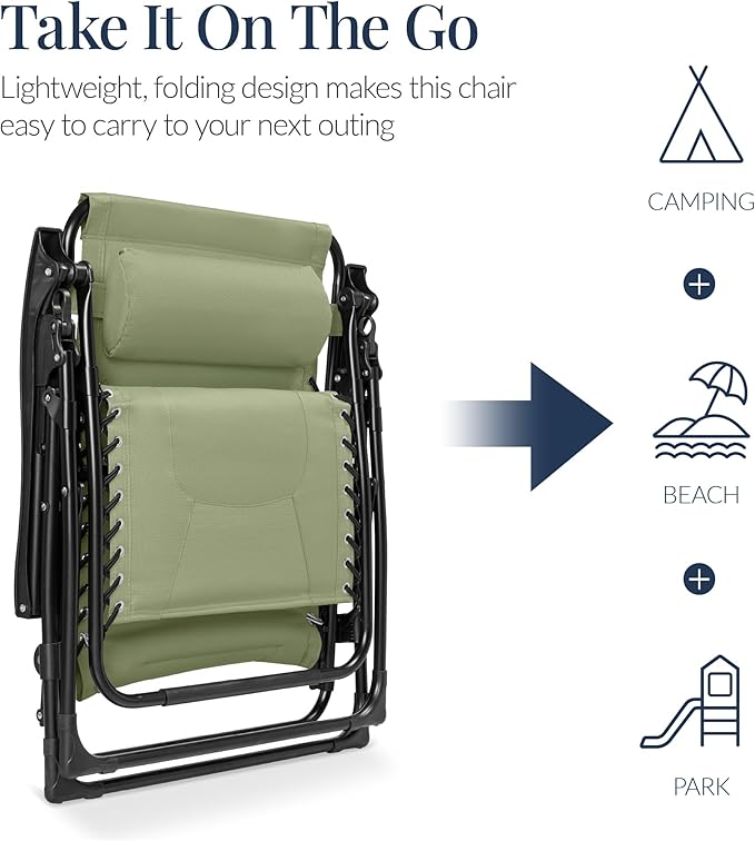 Best Choice Products Oversized Padded Zero Gravity Chair, Folding Outdoor Patio Recliner, XL Anti Gravity Lounger for Backyard w/Headrest, Cup Holder, Side Tray, Polyester Mesh - Sage Green - Image 5
