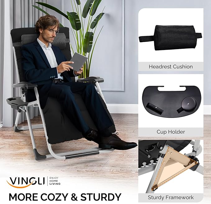 VINGLI 29" Padded Zero Gravity Chair, Lounge Chair with Removable Cushion & Tray， Folding Reclining Patio Chairs， Recliner Chair for Lawn，Indoor Outdoor-Black - Image 4