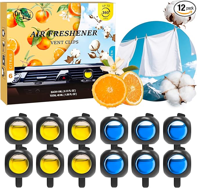 Car Air Freshener Vent Clips, 12 Pack, 6 Linen, 6 Citrus, Provides Long-Lasting by DRIVEJOY