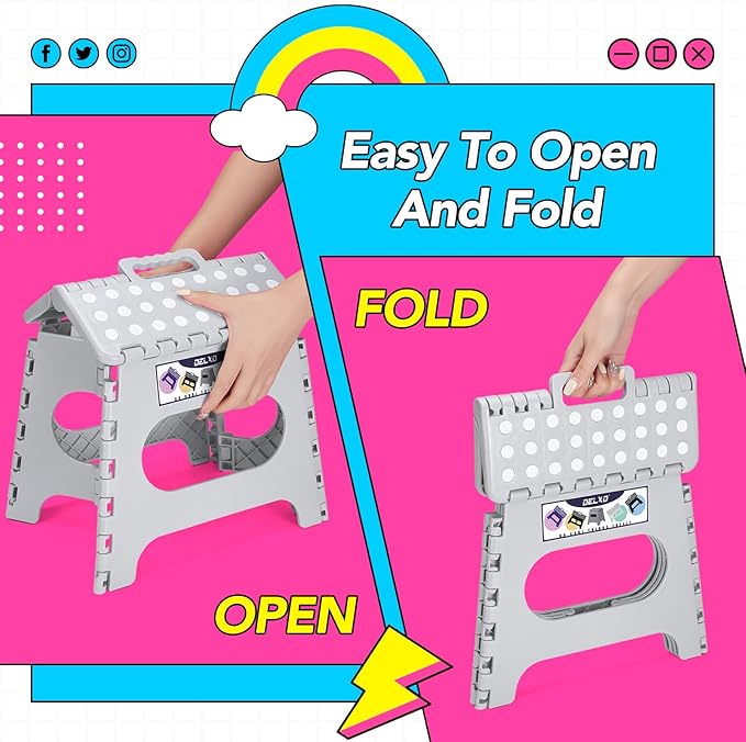 Delxo Folding Step Stool, 11 inch Non-Slip Foldable Stools for Kids & Adults Up to 300 LBS, Step Stool with Handle, Lightweight for Kitchen, Bathroom, Bedroom, Garden, Grey, 1PC - Image 4