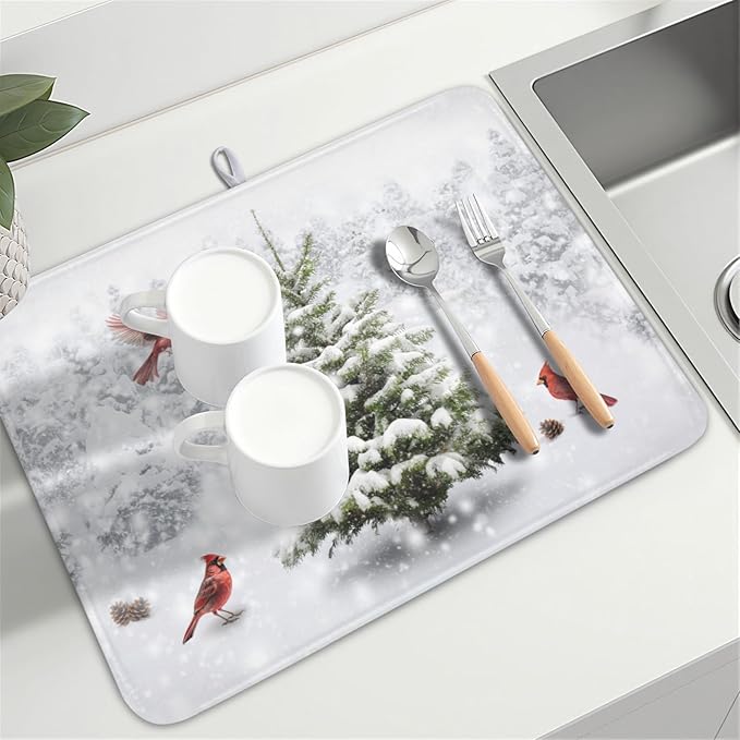 Winter Forest Dish Drying Mat for Kitchen Counter Silvery White Pine Trees Snow - Image 8
