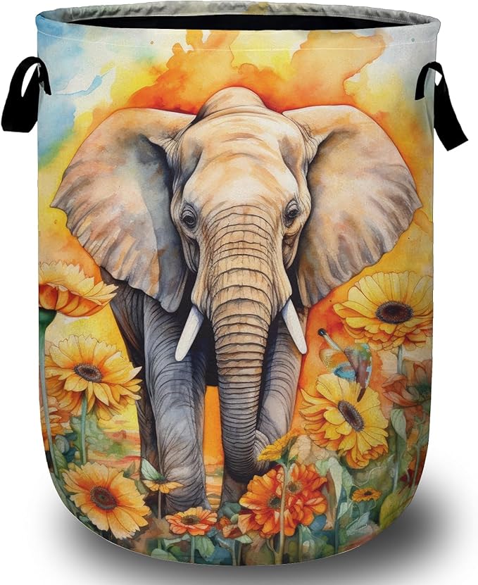 Watercolor Elephant Sunflower Laundry Basket, Foldable Wild Animals Laundry by Unknown
