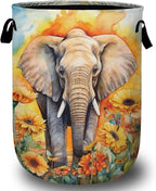 Watercolor Elephant Sunflower Laundry Basket, Foldable Wild Animals Laundry by Unknown