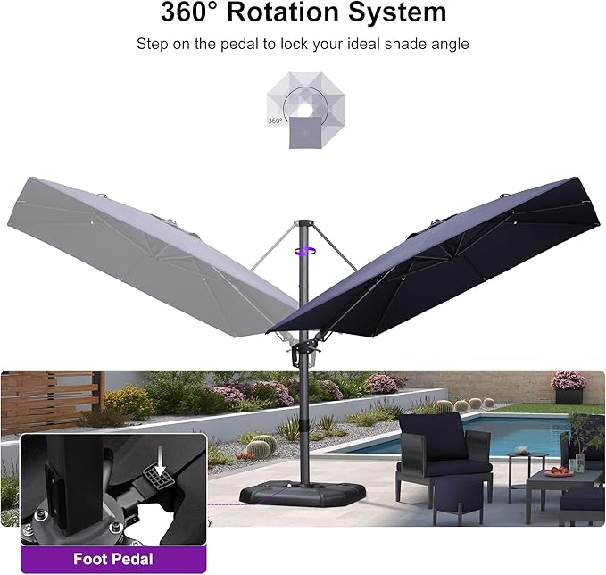 PURPLE LEAF 9' X 12' Right-left Tilt Patio Umbrella with Base Outdoor Cantilever Swivel Rectangle Umbrella Aluminum Offset Umbrella with 360-degree Rotation for Garden Deck Pool Patio Navy - Image 7
