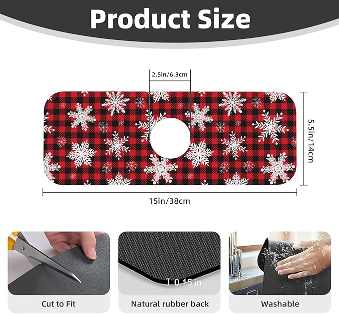 Christmas Snowflake Ho Red Black Buffalo Plaid Kitchen Sink Splash Guard Faucet - Image 2