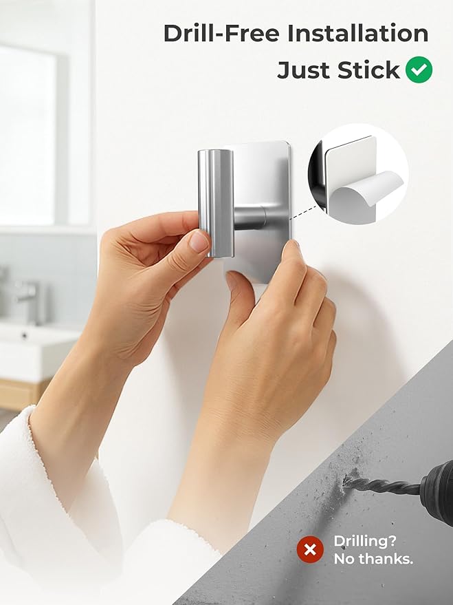 Towel Hooks for Bathrooms – 2 Pack, Brushed Silver Finish, T-Shaped Stainless - Image 3