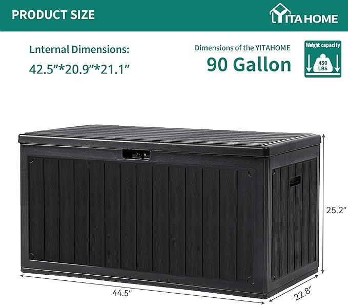 YITAHOME 90 Gallon Large Deck Box with Side Handles, Outdoor Double-Wall Storage for Patio Furniture Cushions, Garden Pool Accessories, Waterproof & Lockable - Image 6
