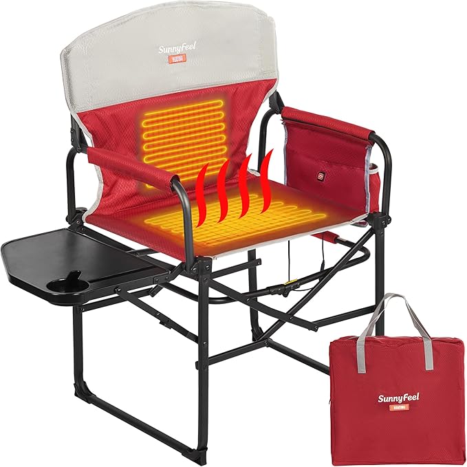 SUNNYFEEL Heated Camping Directors Chair, Heavy Duty,Oversized Outdoor Portable Heating Folding Chair with Side Table, Pocket for Beach, Fishing,Trip,Picnic,Lawn,Concert Foldable Camp Chairs by SunnyFeelCamping