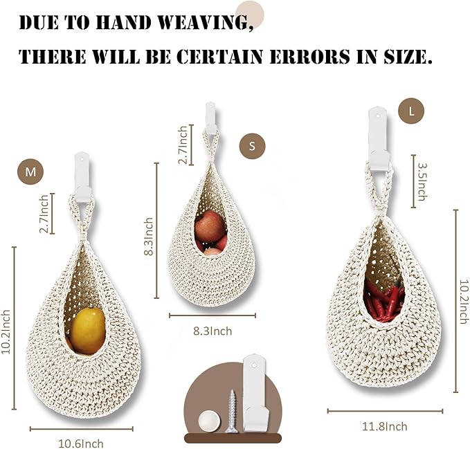 Hanging Fruit Basket Set of 3, Boho Wall Hanging Storage Basket - Image 2