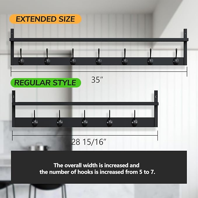 BAMEOS Wall Hooks with Shelf 35 Inch Length Entryway Hanging Shelf Wood Coat - Image 2