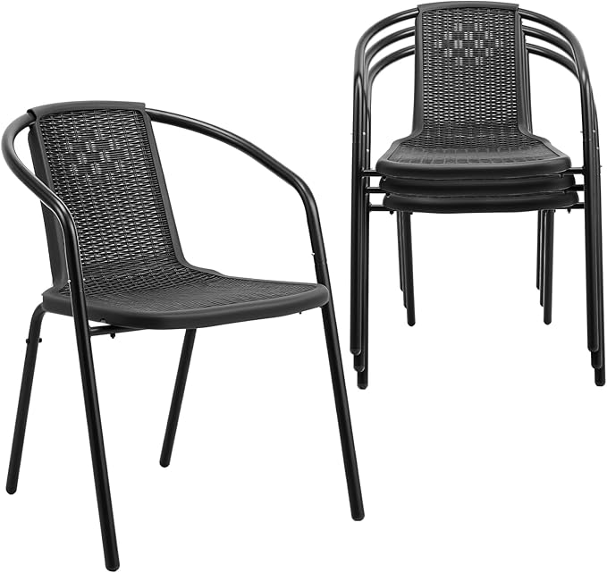 VINGLI PE Rattan Outdoor Dining Chairs Set of 4, Plastic Stackable Patio Chairs for Indoor, Porch, Restaurant, Garden, Black by VINGLI