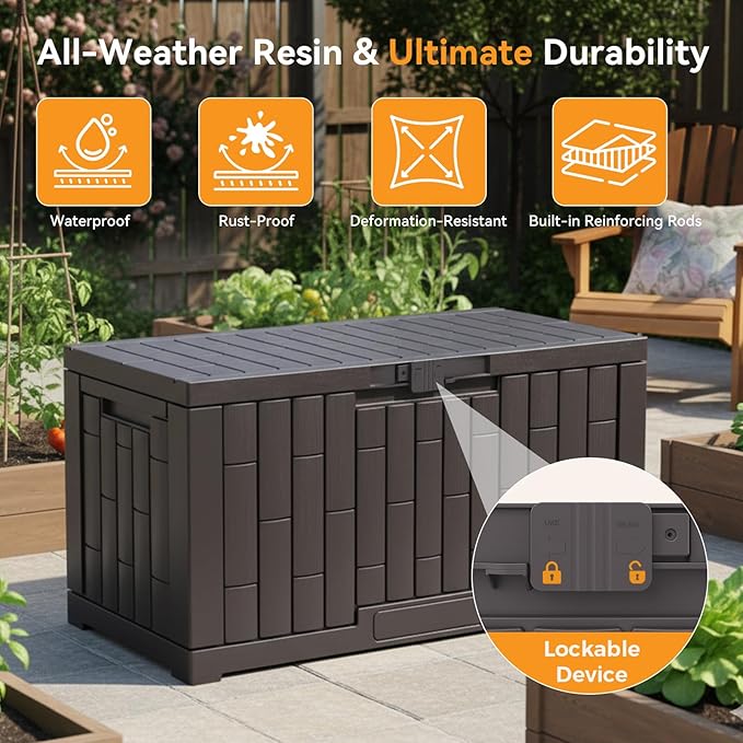 NEWBULIG 60 Gallon Deck Box, Waterproof Outdoor Storage Box with Lockable Lid, Patio Furniture Bench & Side Table, Outside Storage Container, Tool-Free Assembly, for Garden, Pool, Brown - Image 4