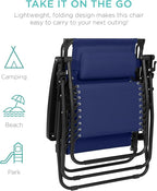 Best Choice Products 30” Wide Folding Zero Gravity Outdoor Recliner Patio Lounge Chair w/Adjustable Canopy Shade, Headrest, Side Accessory Tray - Navy Blue - Image 9