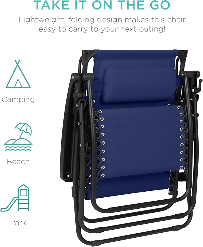 Best Choice Products 30” Wide Folding Zero Gravity Outdoor Recliner Patio Lounge Chair w/Adjustable Canopy Shade, Headrest, Side Accessory Tray - Navy Blue - Image 9