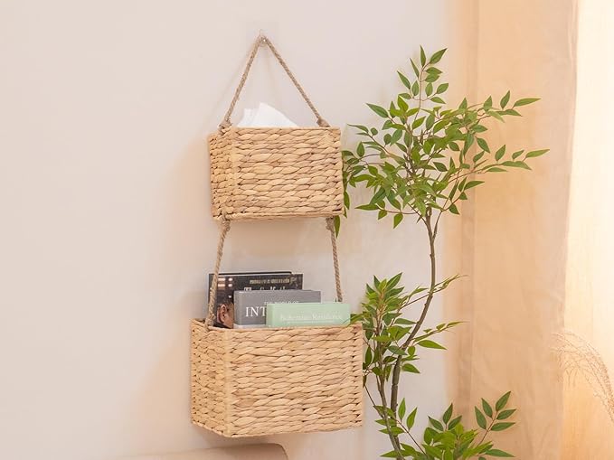 YAHUAN Water Hyacinth Hanging Basket 2-Tiered Woven Wicker Wall Basket Organizer - Image 4