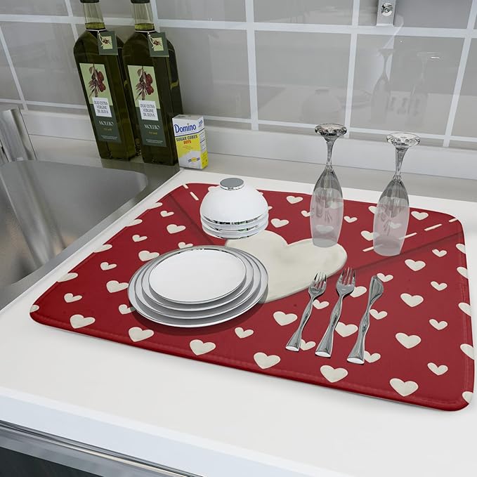 Valentines Day Dish Drying Mat for Kitchen Counter 18x24 Cream Red Love Heart - Image 6