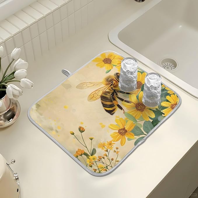 Honey Bee Dish Drying Mat for Kitchen Counter Absorbent Microfiber Small Drying - Image 7