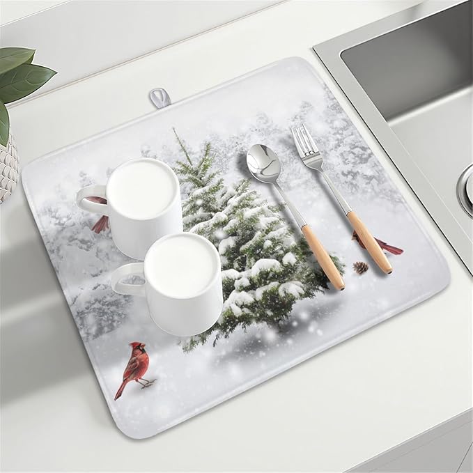 Winter Forest Dish Drying Mat for Kitchen Counter Silvery White Pine Trees Snow - Image 8