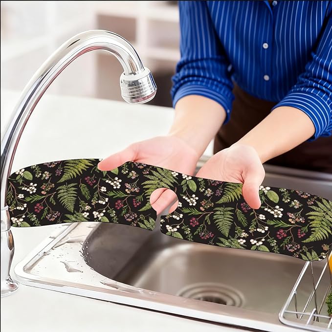 2 Pcs Kitchen Sink Splash Guard Faucet Mats Vintage Fern and Berries Pattern - Image 6