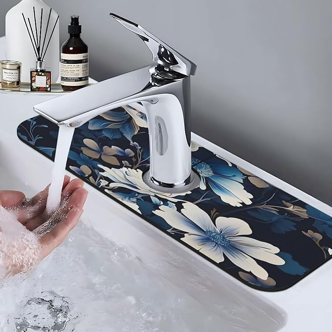 Blue flowers Kitchen sink faucet pad, strong water absorption, anti slip - Image 7
