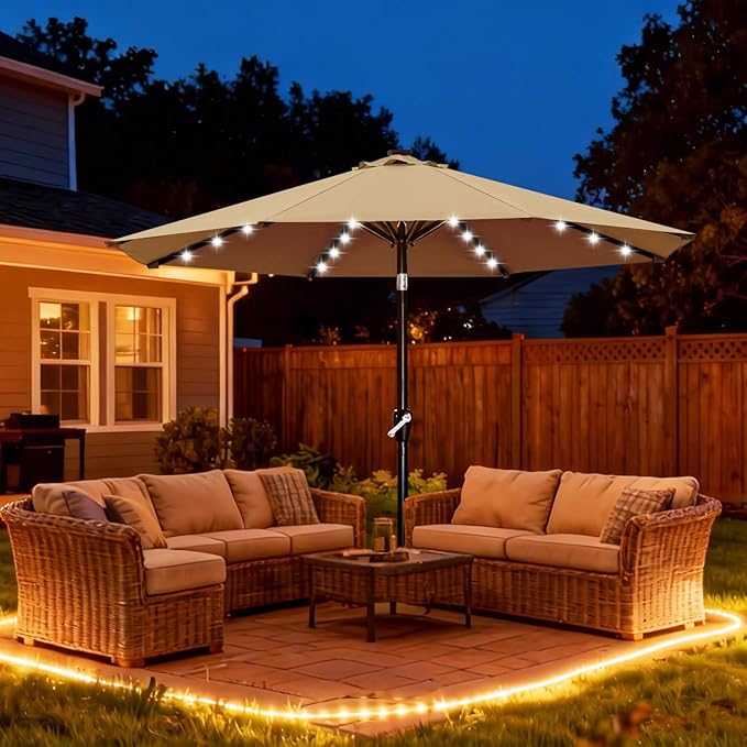 ABCCANOPY Durable Solar Led Patio Umbrellas with 32LED Lights 9FT (Tan) - Image 2