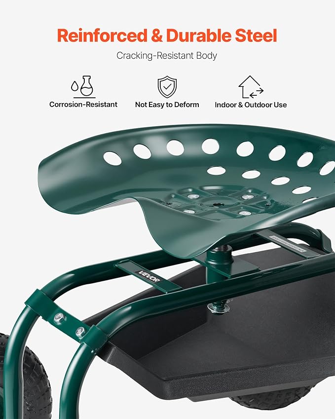 VEVOR Rolling Garden Cart with Swivel Seat, Heavy Duty Garden Seat with Storage Basket & Tool Tray, 300 lbs Weight Capacity, Outdoor Utility Gardening Stool Scooter for Lawn Yard Planting Weeding - Image 5