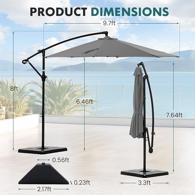 OLIXIS 9.7FT Offset Patio Umbrella with Base, Cantilever Table Umbrellas for Outdoor Sun Shade UV Protection with Easy Tilt Adjustment, 8 Ribs for Backyard, Lawn, Garden, Pool - Grey - Image 5