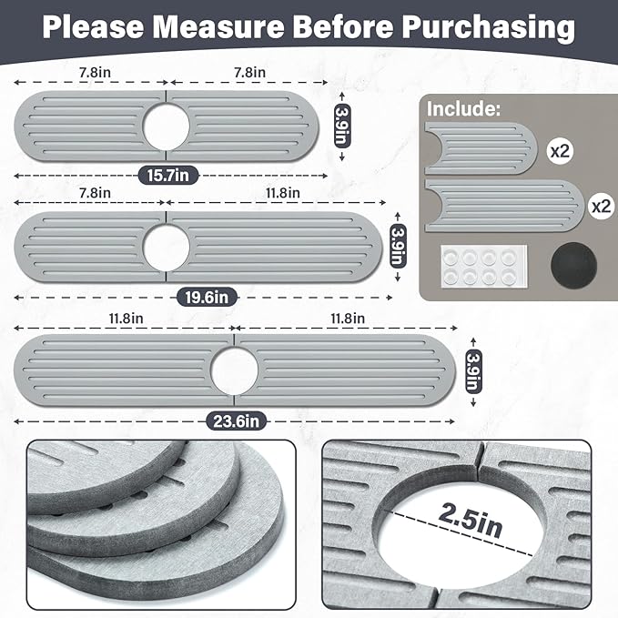 Stone Faucet Mat for Kitchen Sink, 2 Set/4PCS Quick Dry Diatomaceous Earth Tray - Image 2
