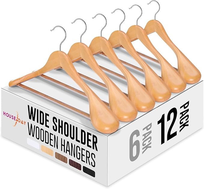 HOUSE DAY Wide Shoulder Wooden Hangers 12 Pack, Wood Suit Hangers by HOUSEDAY